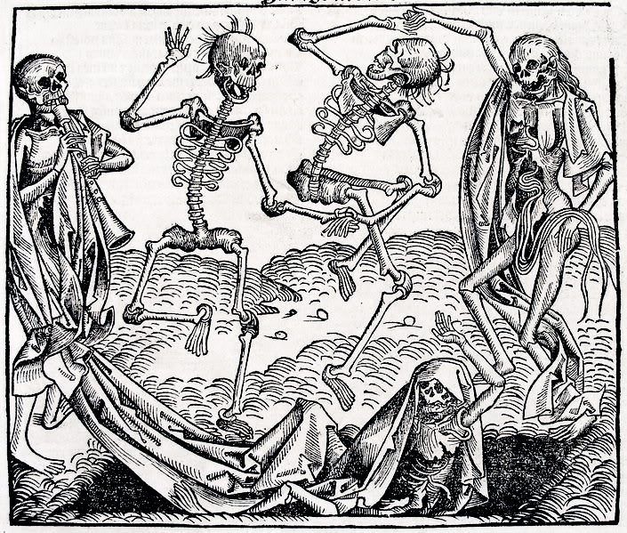 15th century print of skeletons dancing and playing musical instruments.