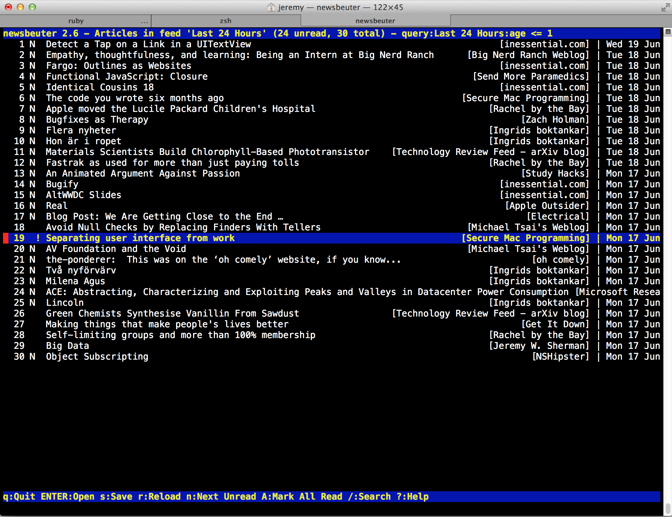 screenshot of Terminal showing Newsbeuter viewing my Last 24 Hours query feed